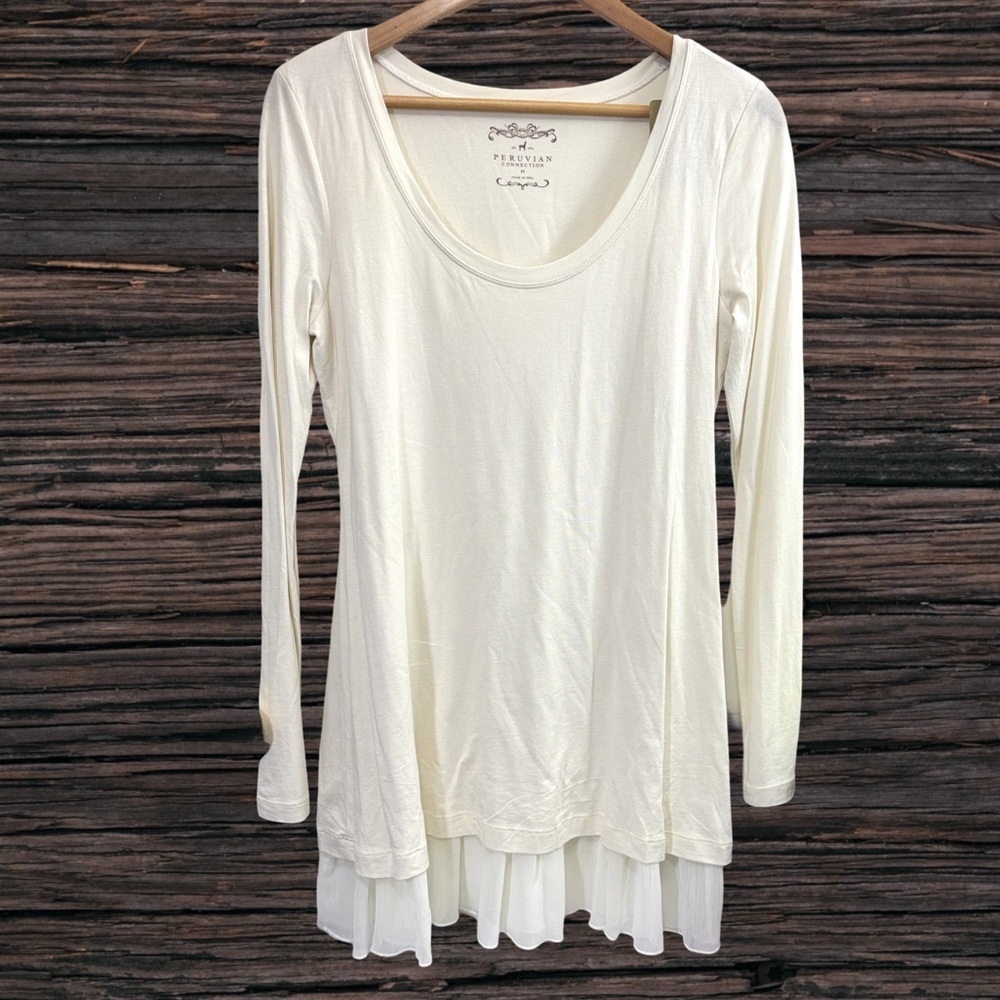 Peruvian Connection Cream Long Sleeve Layered-Hem Tee